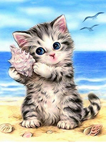 Image of Diamond painting kit featuring a cute kitten sitting on a beach with seashells.