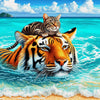 playful diamond painting of a cat perched on a tiger's head, both swimming in a vibrant ocean