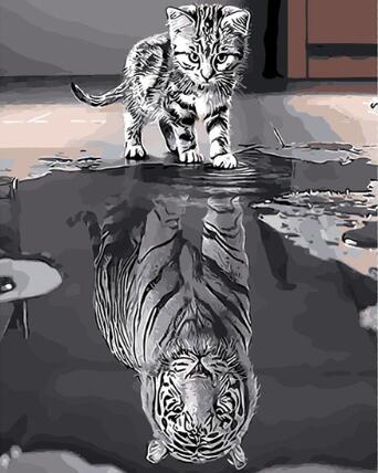 Image of Diamond painting of a cat looking at its reflection, which appears as a tiger, in water.