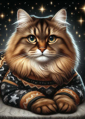 Diamond painting of a cat wearing a cozy sweater, with a starry night sky in the background.