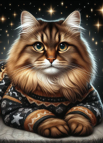 Image of Diamond painting of a cat wearing a cozy sweater, with a starry night sky in the background.