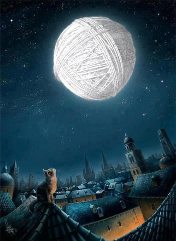 Image of Diamond Painting of a Cat Gazing at a Giant Yarn Ball Moon