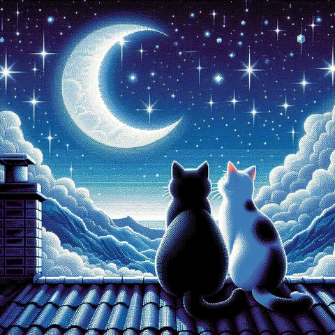 Image of Sparkling diamond art depicting a heartwarming scene of two cats snuggled on a rooftop