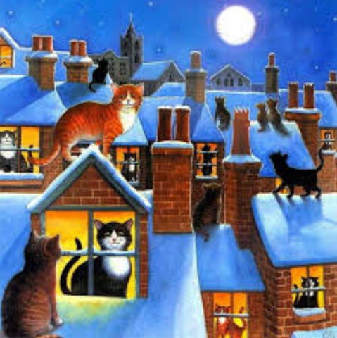 Image of Diamond painting of a snowy winter scene with cats on rooftops and looking out windows.