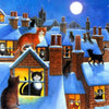 Diamond painting of a snowy winter scene with cats on rooftops and looking out windows.