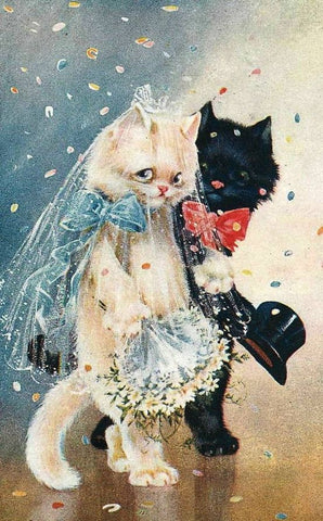 Image of Diamond painting of a bride and groom cat, dressed in wedding attire, with confetti falling around them.