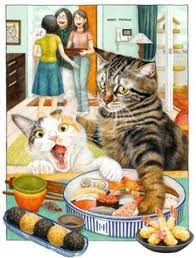 Image of Diamond Painting of Two Cats Sneaking Food from the Table While Their Owner is Distracted