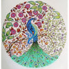 Diamond painting of a peacock in the center of a circular mandala, surrounded by flowers and intricate patterns.