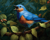 Diamond painting of a bluebird perched on a branch, singing with its beak open.