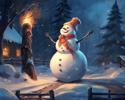 Image of Diamond Painting of a Cheerful Snowman in a Snowy Winter Scene