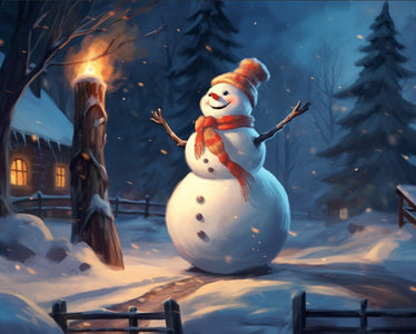 Diamond Painting of a Cheerful Snowman in a Snowy Winter Scene