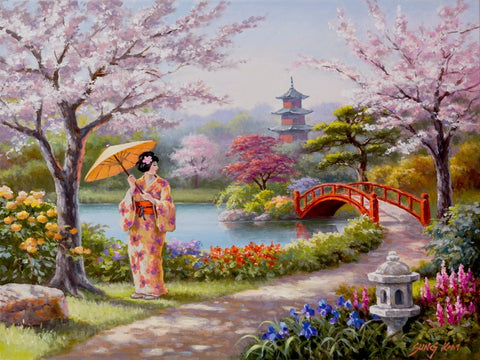 Image of Diamond painting of a cherry blossom landscape.