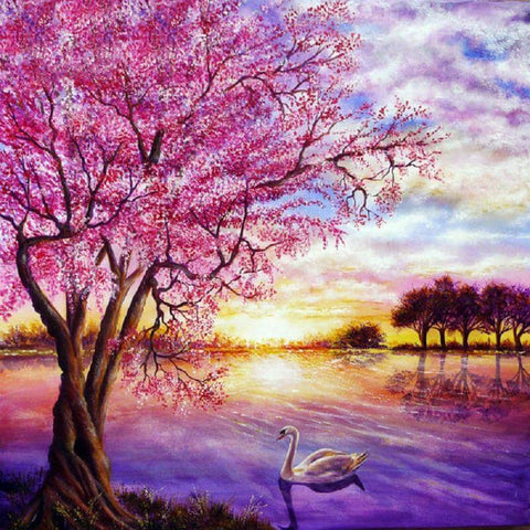 Image of Diamond painting of a scenic landscape with cherry blossoms blooming by a lake.