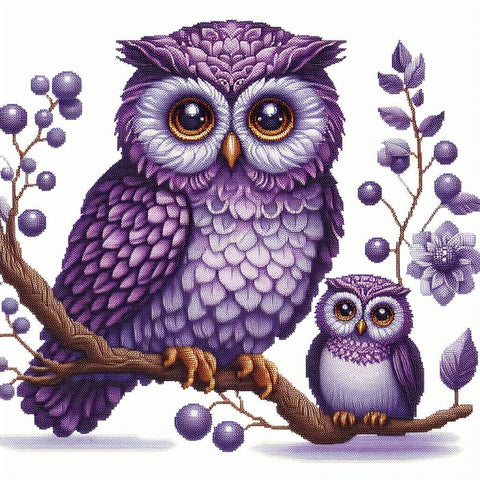 Image of Diamond painting of two cute purple owls