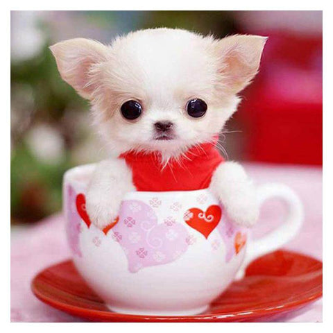 Image of Diamond painting of a tiny Chihuahua dog sitting in a teacup