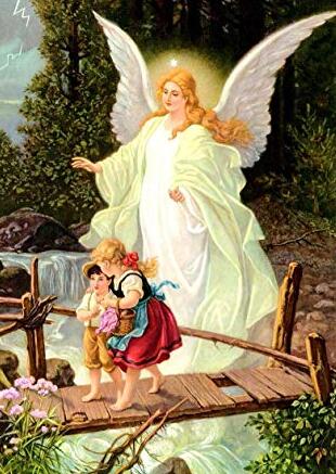 Image of diamond painting of children crossing on a bridge, with a guardian angel watching over them.