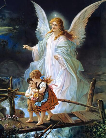 Image of Diamond painting depicting two children and an angel on a bridge.