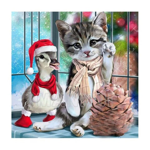 Image of Diamond painting of a kitten sitting next to a duck wearing a Santa hat