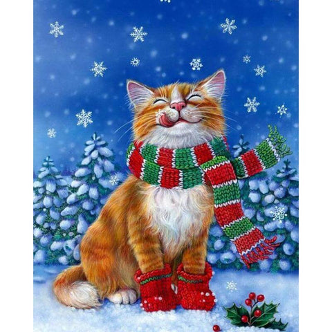 Image of Diamond painting of a cat wearing a red scarf and mittens, sitting in the snow. 