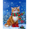 Diamond painting of a cat wearing a red scarf and mittens, sitting in the snow. 