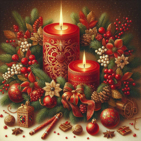 Image of Diamond painting featuring Christmas decorations and candles.