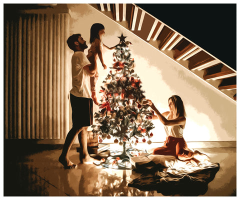 Image of Diamond painting of a family gathered around a Christmas tree, celebrating the holiday season.