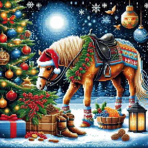 Image of Diamond painting artwork of a majestic horse standing in a winter landscape during Christmas season.