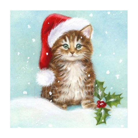 Image of Diamond painting of a fluffy kitten wearing a Santa hat, sitting in the snow.