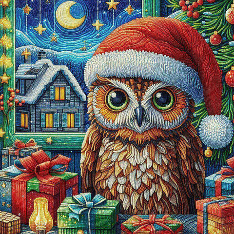 Image of Diamond painting of a festive Christmas owl wearing a red Santa hat