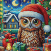 Diamond painting of a festive Christmas owl wearing a red Santa hat