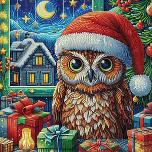 Diamond painting of a festive Christmas owl wearing a red Santa hat