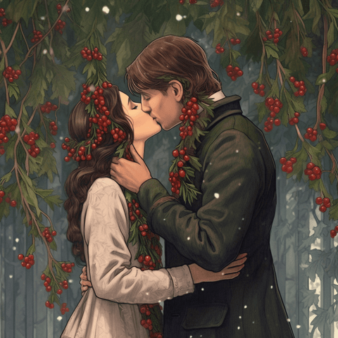 Image of Diamond Painting of a Romantic Couple Kissing Underneath Mistletoe