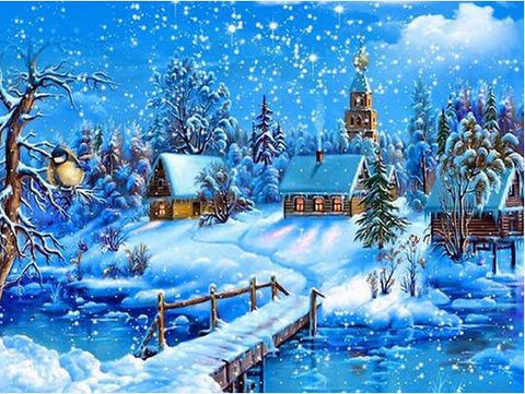 Image of Diamond painting of a charming winter snow village scene with festive lights.