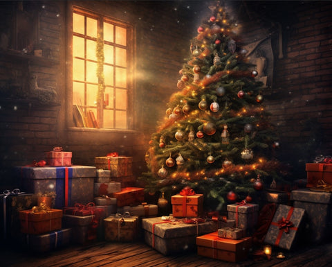 Image of A beautifully decorated Christmas tree with presents underneath, set in a cozy room with a warm glow.