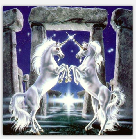 Image of A fiery and magical scene featuring two facing unicorns in a diamond painting.