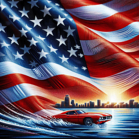 Image of Diamond painting of a classic car cruise featuring a vintage car with an American flag