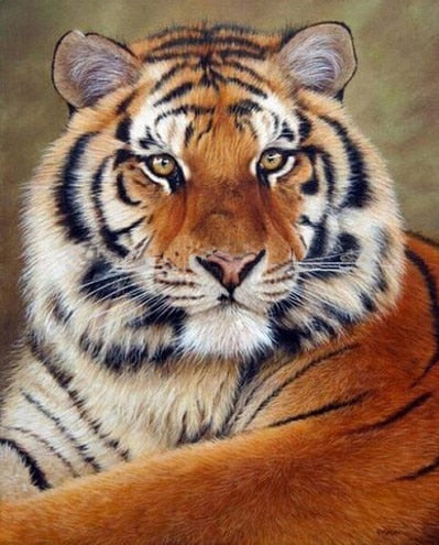 Diamond painting of a Bengal tiger's face in close-up, with piercing eyes and a powerful gaze.
