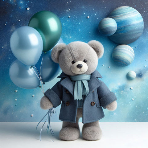 Image of diamond painting of a Playful teddy bear with colorful balloons