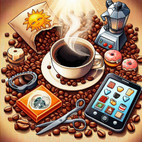 Image of Diamond painting depicting a cup of coffee surrounded by coffee beans, symbolizing caffeine addiction.