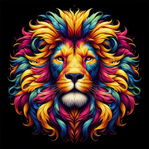 Diamond painting artwork featuring an abstract, colorful lion.