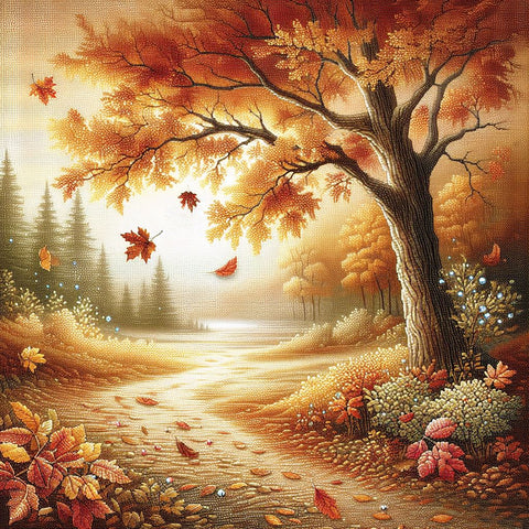 Image of Diamond painting of a colorful autumn landscape with vibrant leaves on trees.