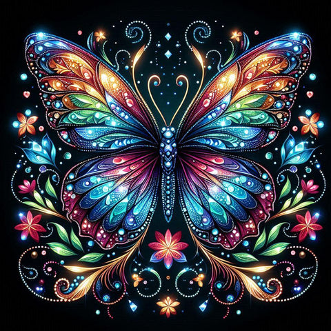 Image of Colorful butterfly diamond painting with intricate floral details, sparkling rhinestones, and vibrant colors.