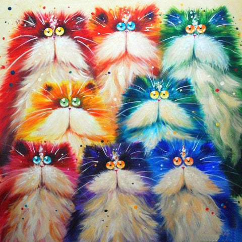 Image of A diamond painting of seven colorful cats with funny expressions.