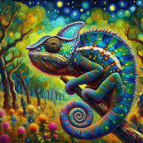 Image of Diamond painting of a vibrant chameleon perched on a tree branch, showcasing its colorful scales.