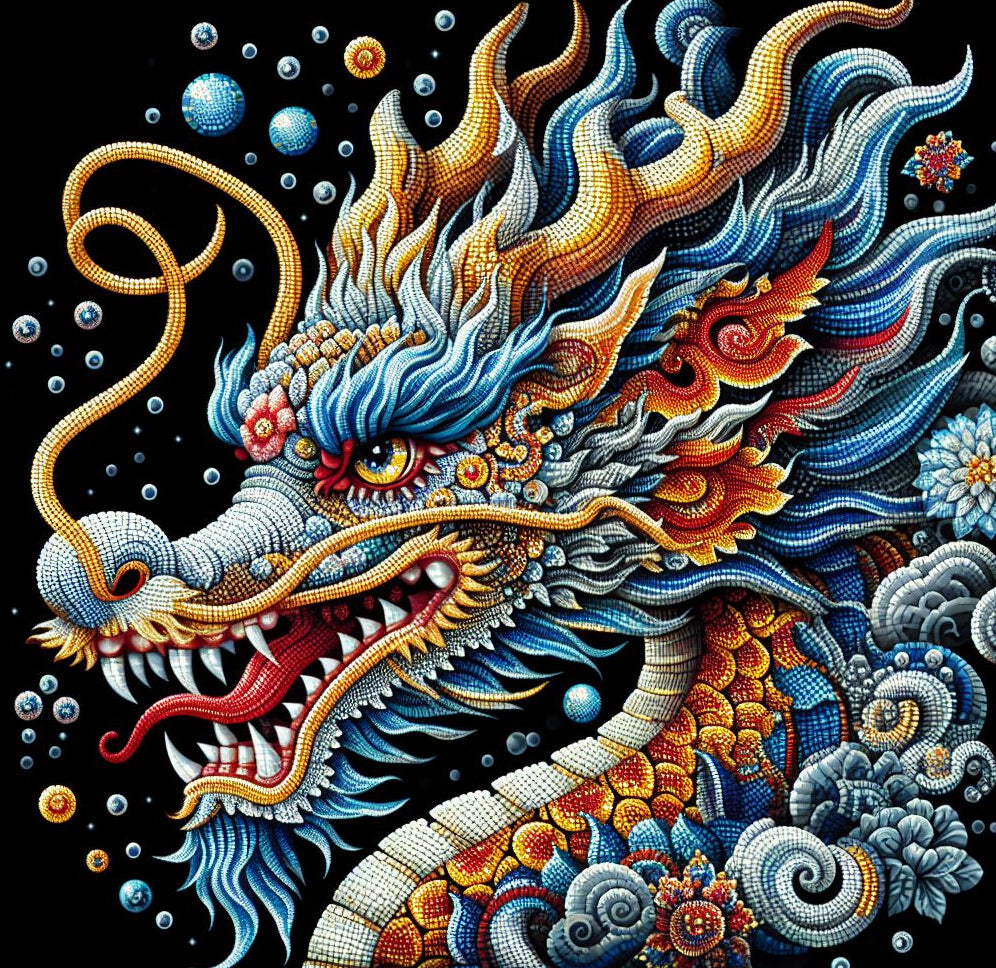 Diamond painting of a colorful Chinese dragon with a long, serpentine body, scales, and horns.