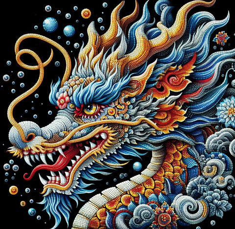 Image of Diamond painting of a colorful Chinese dragon with a long, serpentine body, scales, and horns.