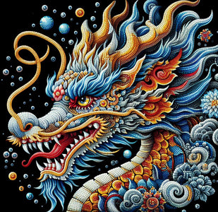 Diamond painting of a colorful Chinese dragon with a long, serpentine body, scales, and horns.
