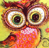 Diamond painting of a colorful owl with big eyes and a yellow beak