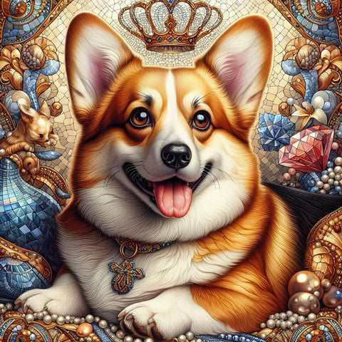 Image of Diamond painting of a dog with fur in vibrant colors.