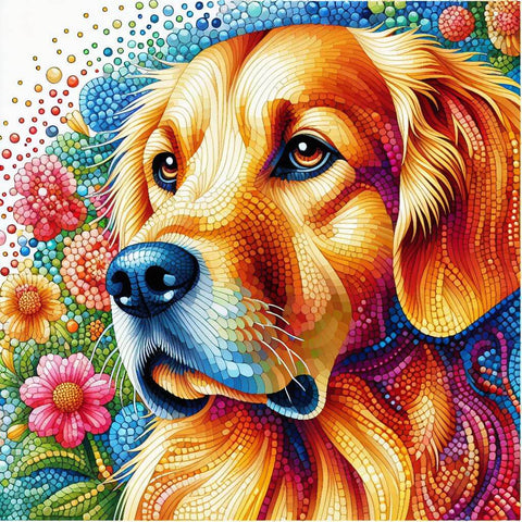 Image of Diamond art depicting a colorful dog with bright fur.